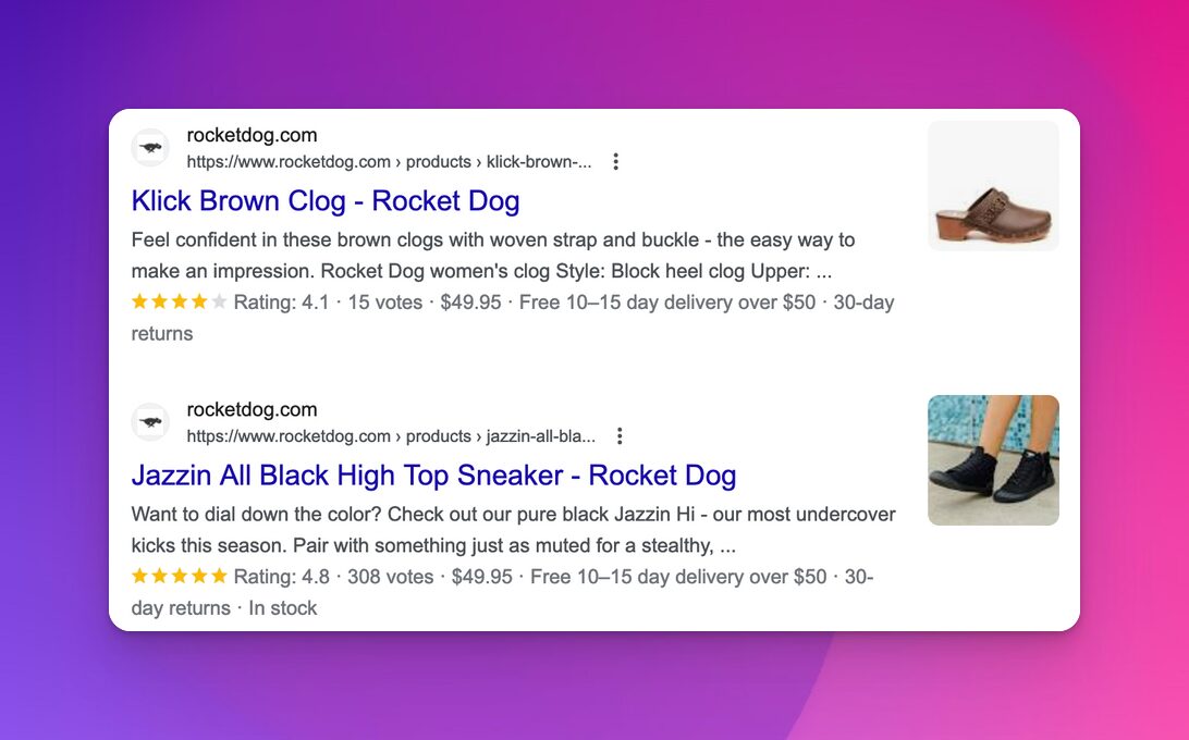 Google search results showing product rich results for two shoe listings: star ratings, review counts, prices, delivery, and returns info right in the listing