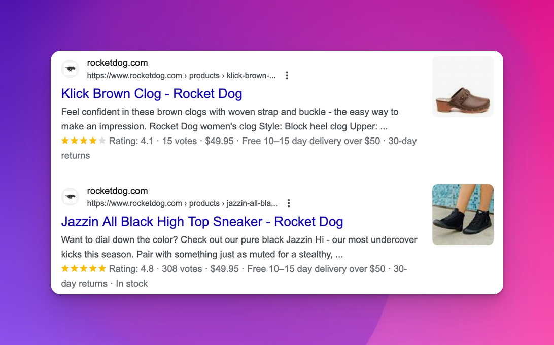 Google search results showing product rich results for two shoe listings: star ratings, review counts, prices, delivery, and returns info right in the listing