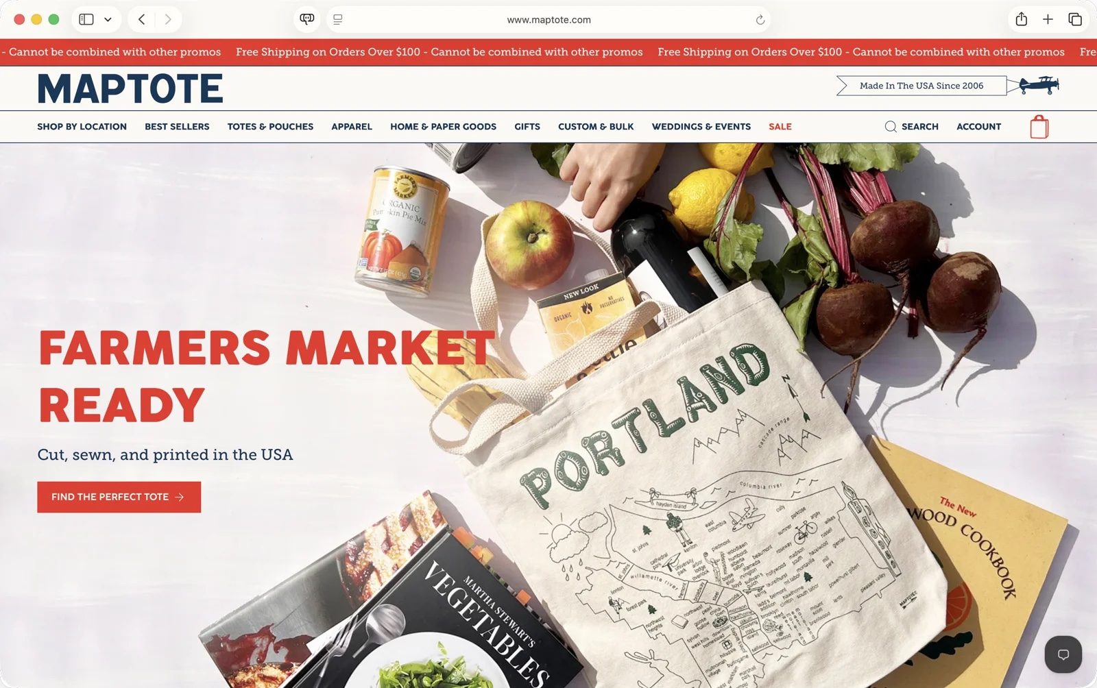 The Maptote homepage: a Portland map tote full of farmers market groceries under the headline Farmers Market Ready